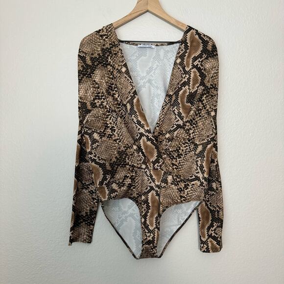 Zara Women Snakeprint Bodysuit Longsleeve V Going Out Brown Stretch Size Large - Picture 1 of 7